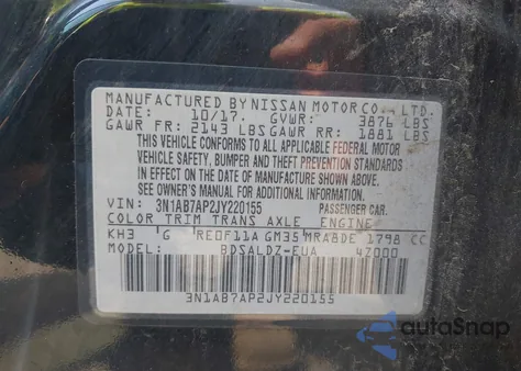 2018 Nissan Sentra Sv z USA, uszkodzony, nr VIN 3N1AB7AP2JY220155